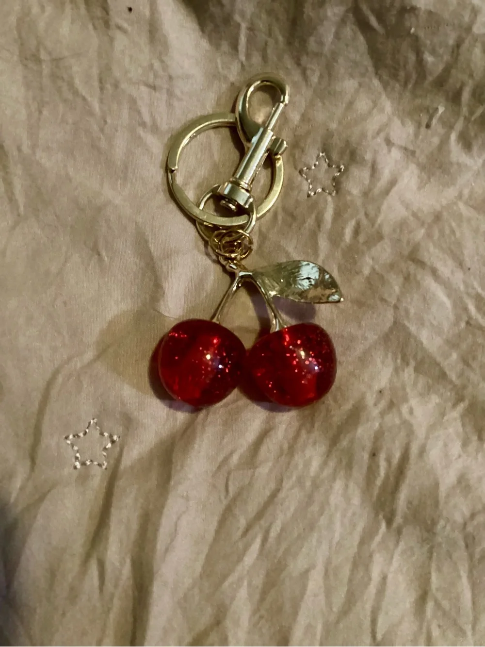 Mini-Gold Cherry Keychain Bag Charm with Red Cherry Accents
